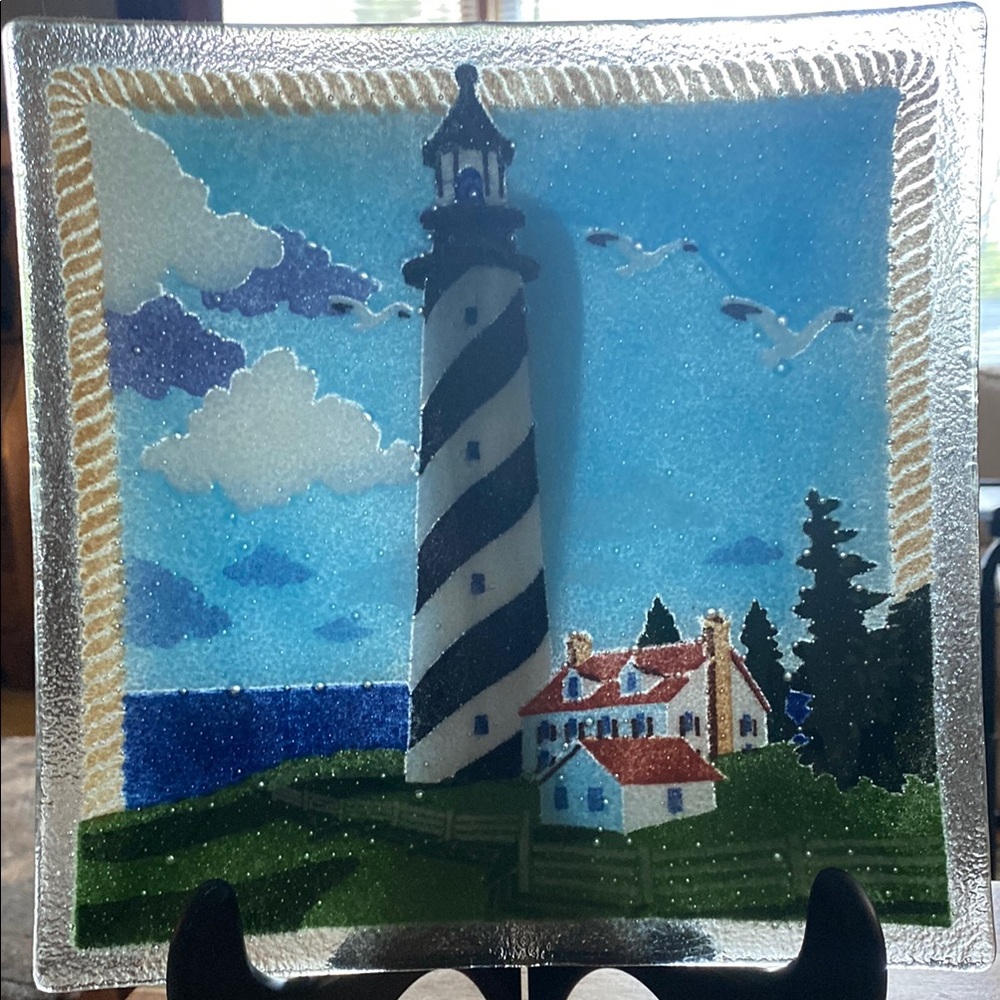 Peggy Karr Blue and Black Glass Art Plate with Lighthouse Scene